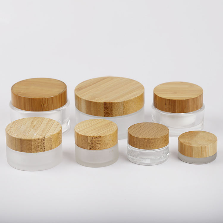 5g 15g 30g 50g 100g Natural Cream Packaging Round Shape Bamboo Lid Frosted Glass Jar