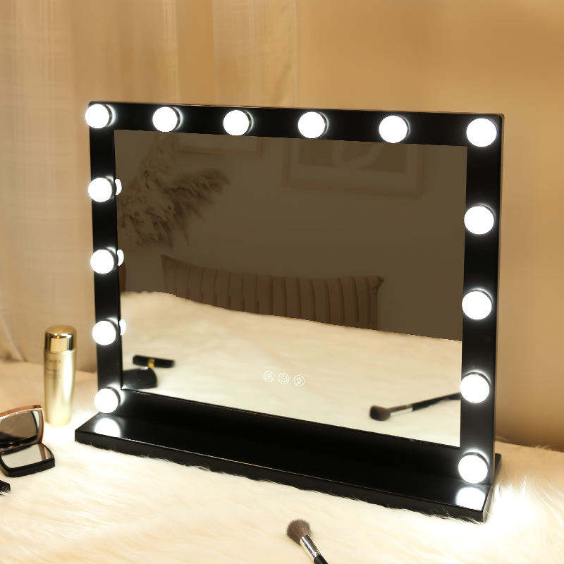 Touchscreen 14 Pcs Led Lights Cosmetic Makeup Black Large Table Hollywood Vanity Mirror With Light Bulbs