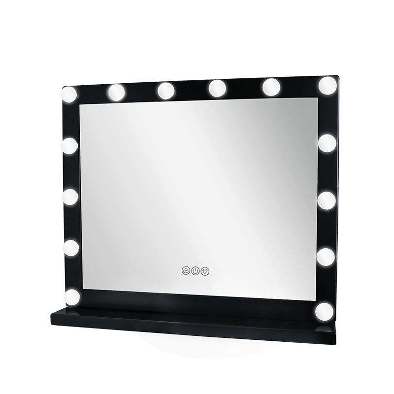 Touchscreen 14 Pcs Led Lights Cosmetic Makeup Black Large Table Hollywood Vanity Mirror With Light Bulbs