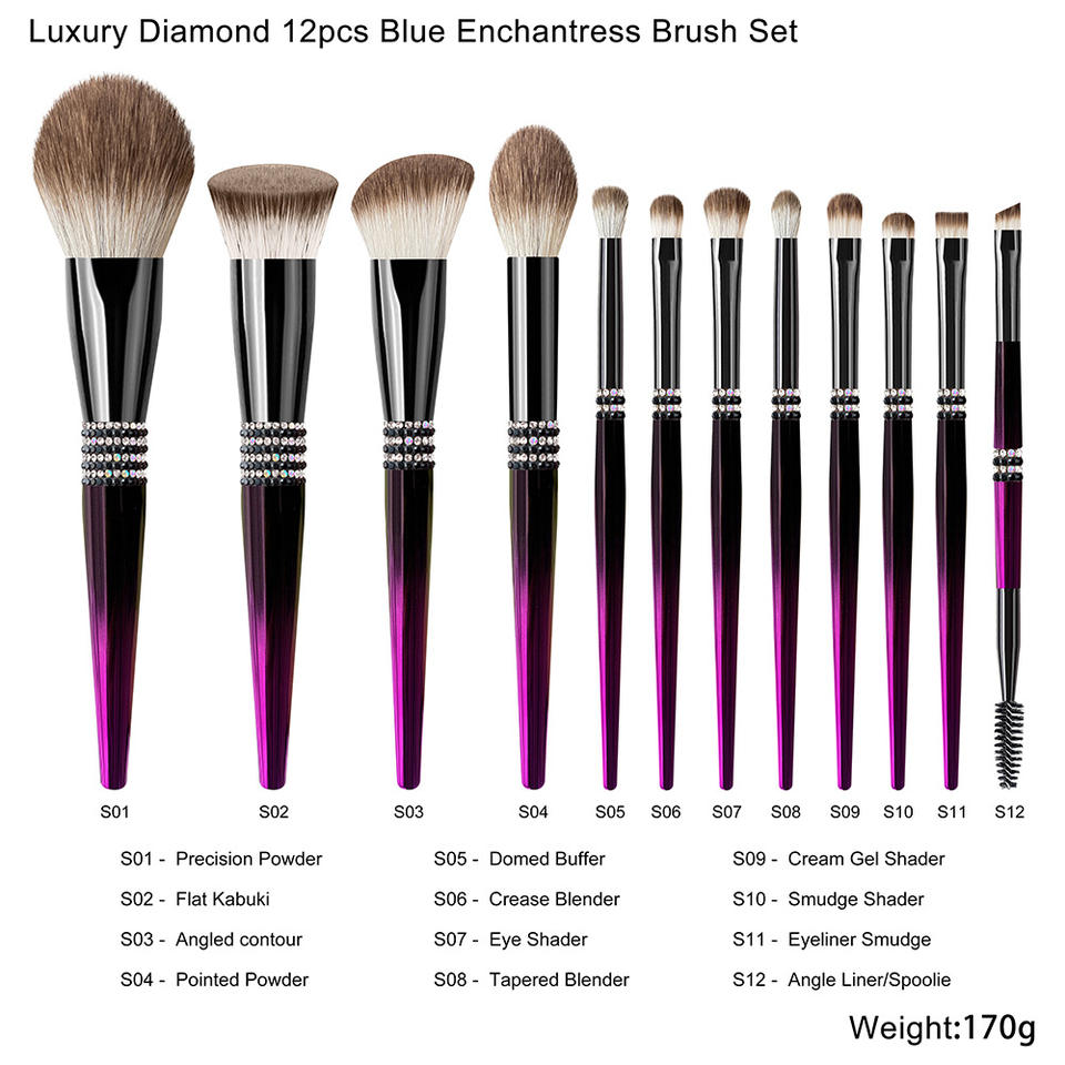 Purple Diamond Glitter Handle 12pcs Kabuki Luxury Makeup Brushes Custom Eye Makeup Brush Set With Bag