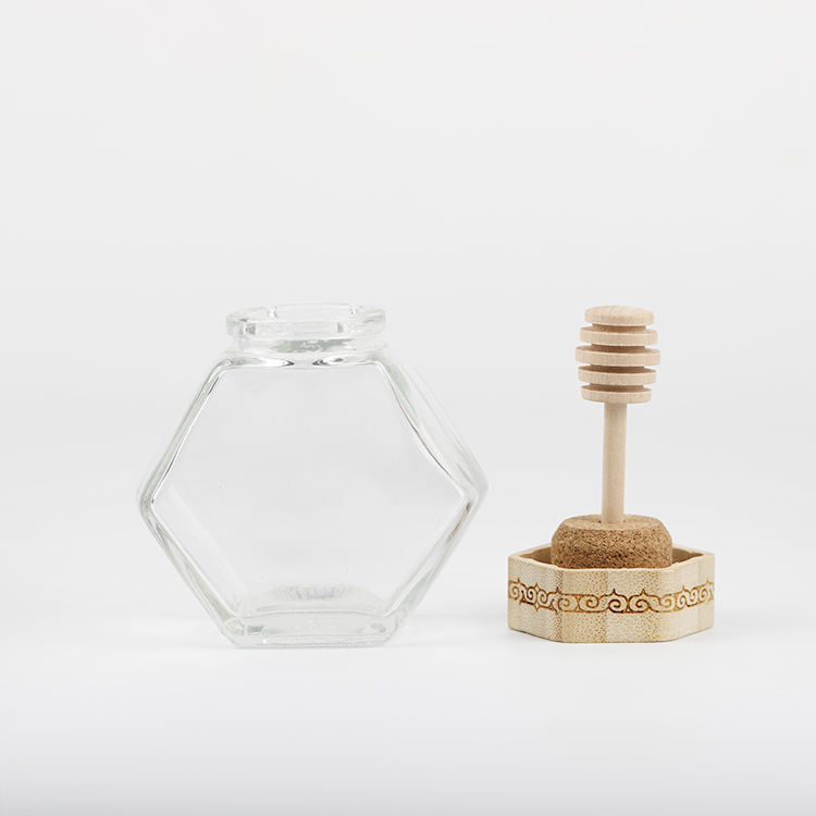 90ML Wholesale Hexagonal Storage Bee Jar With Bamboo Lid Thickened Glass Bottle Stirring Rod