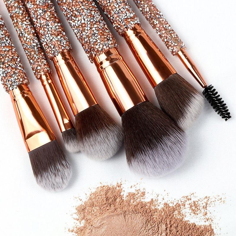 Rose Golden Glitter Handle 10pcs Makeup Brushes Crystal Diamond Foundation Brush Set With Pu Bag