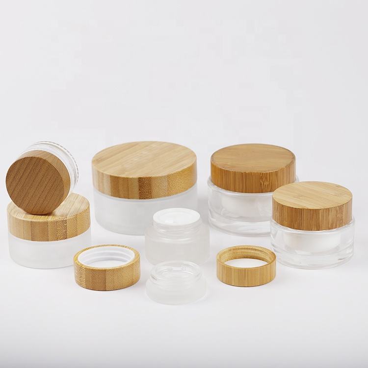 5g 15g 30g 50g 100g Natural Cream Packaging Round Shape Bamboo Lid Frosted Glass Jar