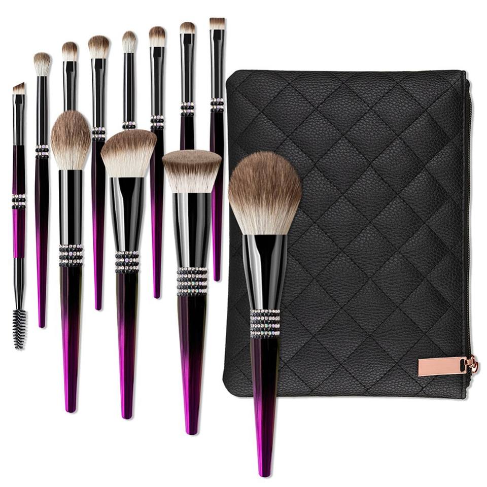 Purple Diamond Glitter Handle 12pcs Kabuki Luxury Makeup Brushes Custom Eye Makeup Brush Set With Bag