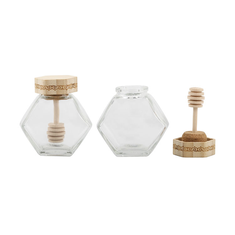 90ML Wholesale Hexagonal Storage Bee Jar With Bamboo Lid Thickened Glass Bottle Stirring Rod