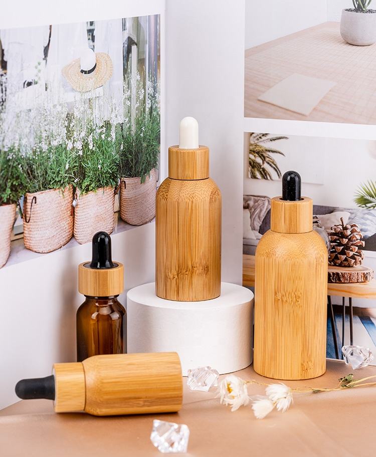 5ml 10ml 15ml 30ml 50ml Essential Oil Serum Glass Dropper Bottle With Bamboo Aluminum Cap Hot