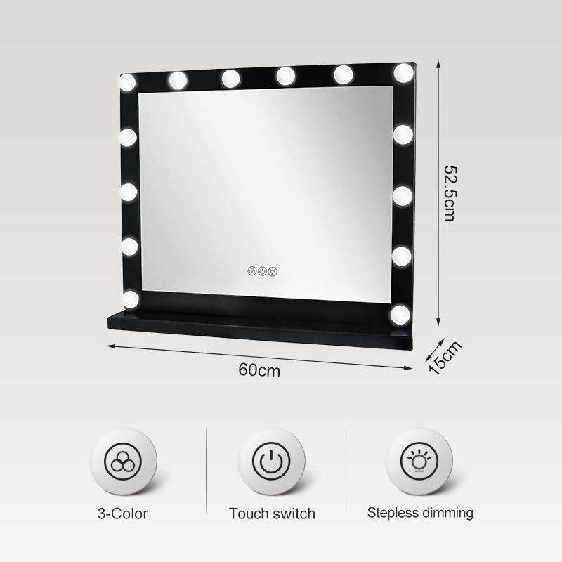 Touchscreen 14 Pcs Led Lights Cosmetic Makeup Black Large Table Hollywood Vanity Mirror With Light Bulbs