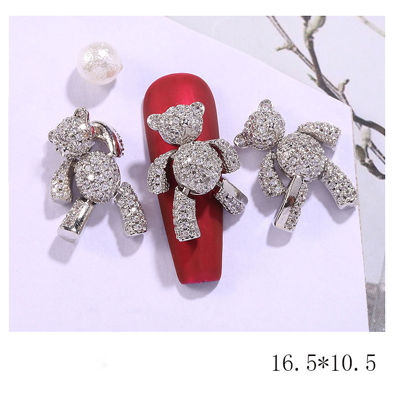 Shining Rhinestones Nail Decorations Silver Rose Gold Zircon Bear Nail Charms With Movable Limbs And Head