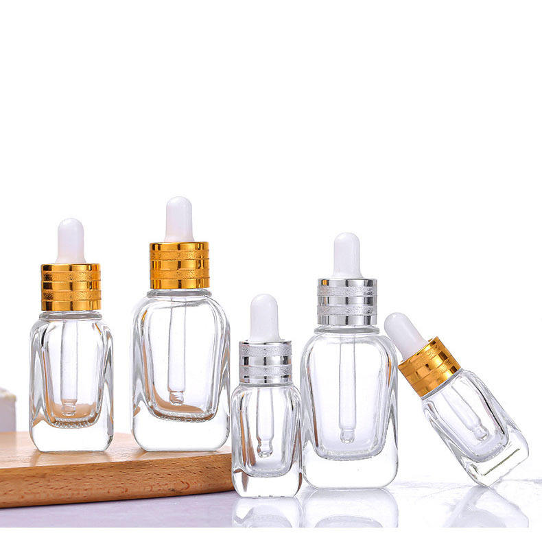 10ml 20ml 40ml Square Transparent Hair Oil Glass Dropper Bottle Rectangle Essential Oil Bottle With Gold Cap