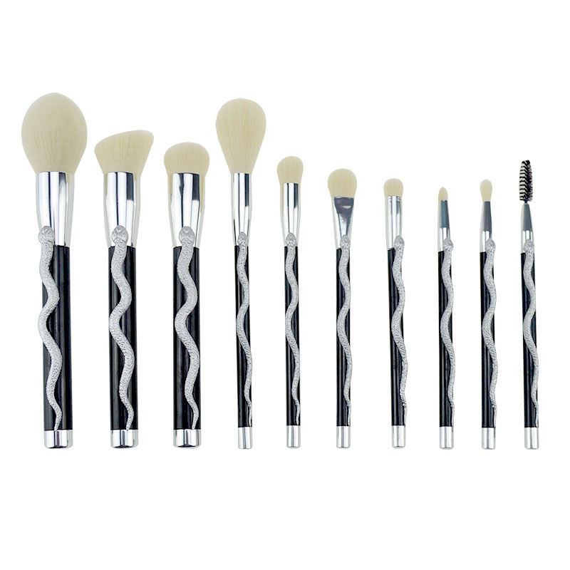 Snake Decoration Golden Luxury Synthetic Hair Makeup Brush Set Of 10 Pieces With Holder