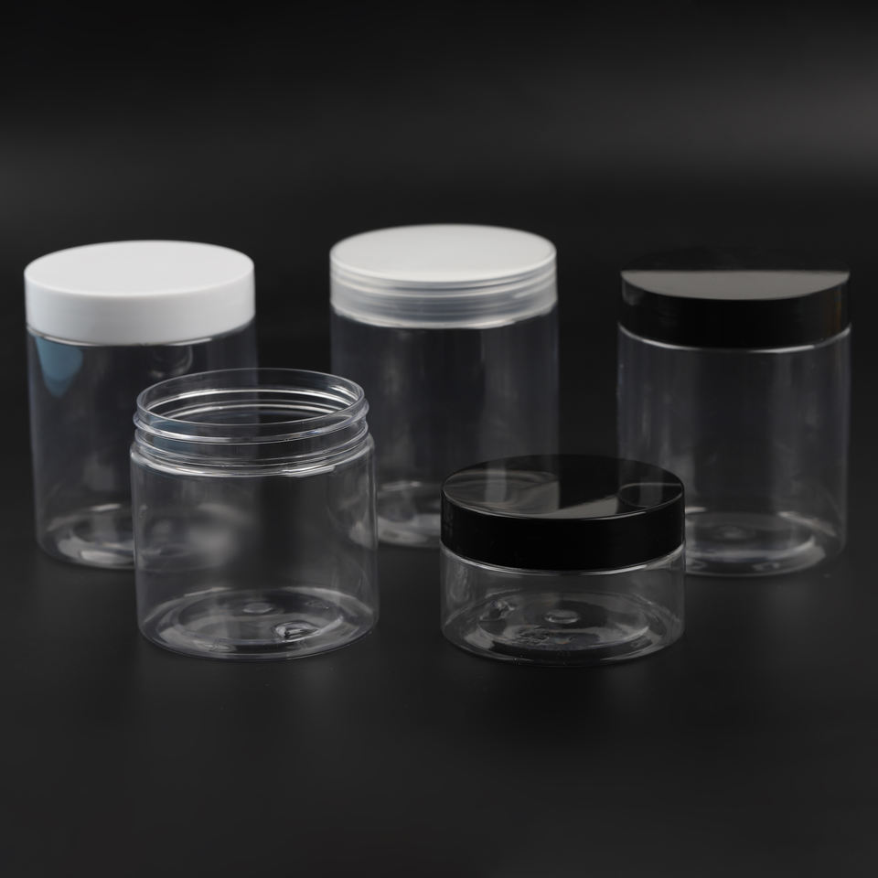 100ml 200ml 250ml 350ml 500ml Wholesale Cosmetic Food Packaging Black White Clear Pet Plastic Jar With Green Lid