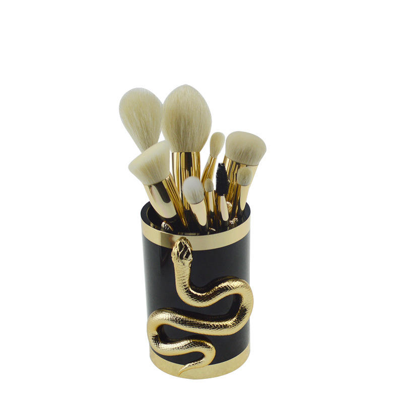 Snake Decoration Golden Luxury Synthetic Hair Makeup Brush Set Of 10 Pieces With Holder