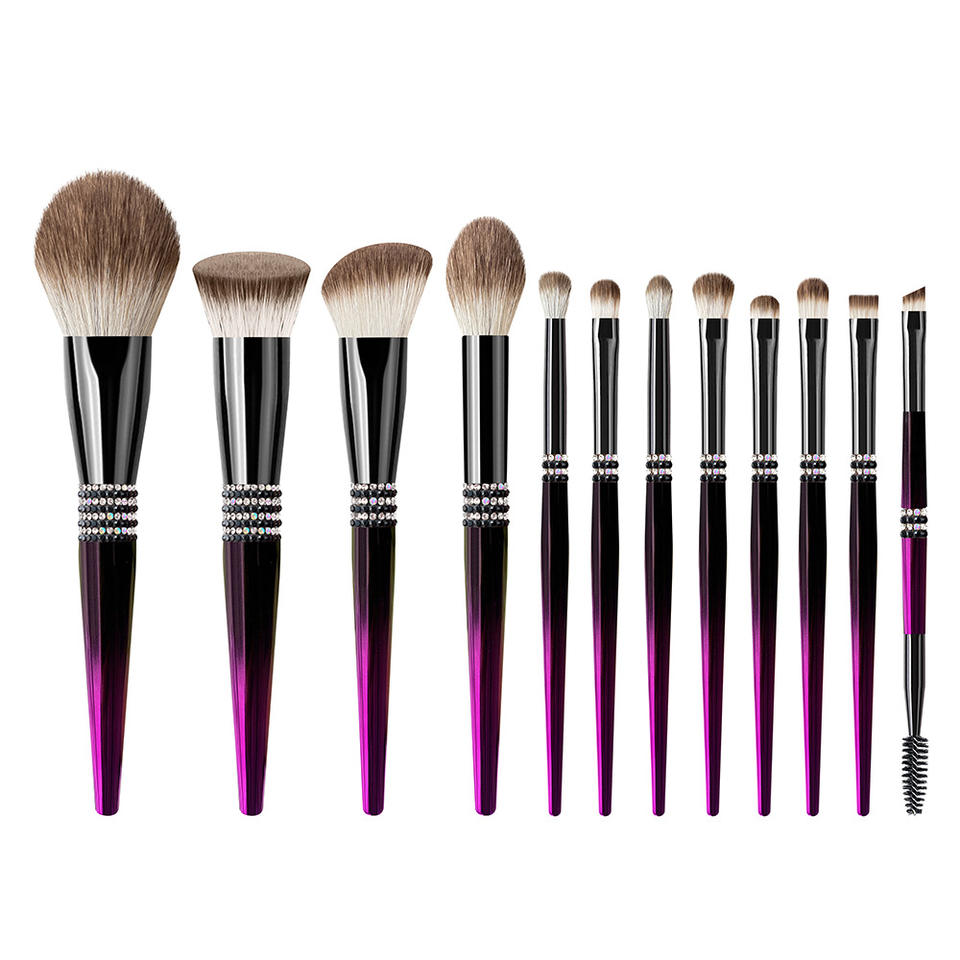 Purple Diamond Glitter Handle 12pcs Kabuki Luxury Makeup Brushes Custom Eye Makeup Brush Set With Bag