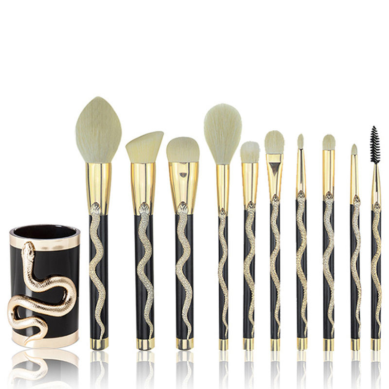 Snake Decoration Golden Luxury Synthetic Hair Makeup Brush Set Of 10 Pieces With Holder