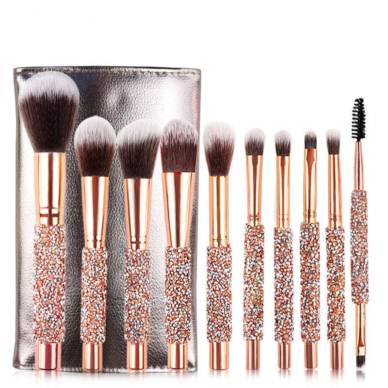 Rose Golden Glitter Handle 10pcs Makeup Brushes Crystal Diamond Foundation Brush Set With Pu Bag