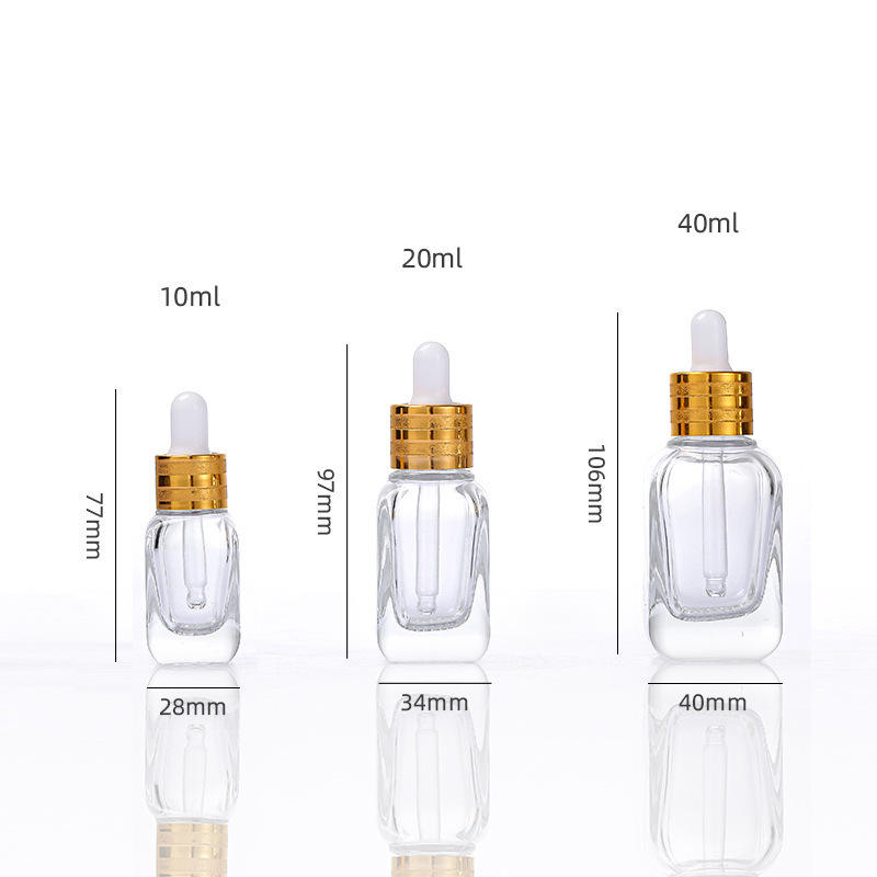 10ml 20ml 40ml Square Transparent Hair Oil Glass Dropper Bottle Rectangle Essential Oil Bottle With Gold Cap