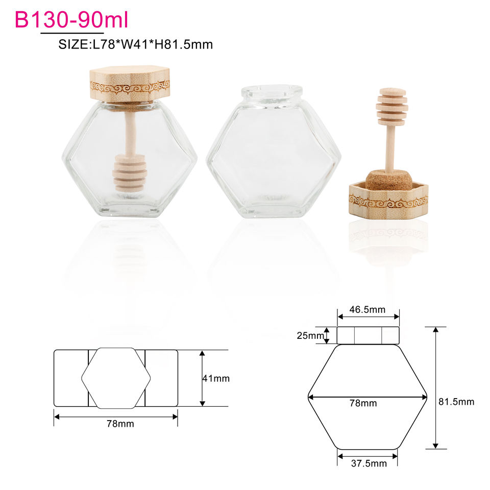 90ML Wholesale Hexagonal Storage Bee Jar With Bamboo Lid Thickened Glass Bottle Stirring Rod