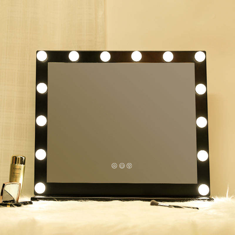 Touchscreen 14 Pcs Led Lights Cosmetic Makeup Black Large Table Hollywood Vanity Mirror With Light Bulbs