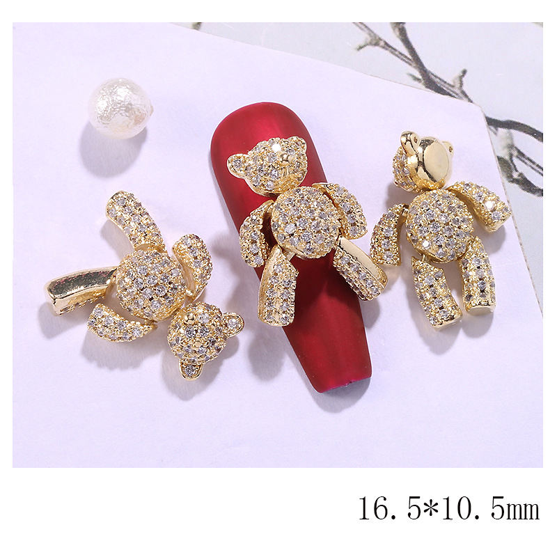 Shining Rhinestones Nail Decorations Silver Rose Gold Zircon Bear Nail Charms With Movable Limbs And Head