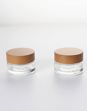 Professional Cosmetic Packaging Product Refillable Transparent Glass Square Bottom Round Wood Grain Cream Jar