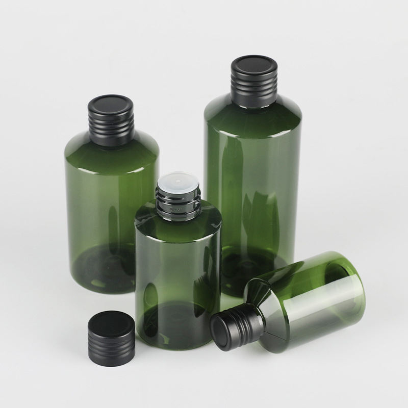 50ml 100ml 150ml 200ml Sloping Shoulder Dark Green Pet Plastic Toner Bottle With Black Aluminum Cap