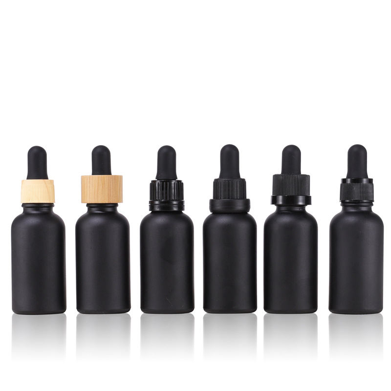 Frosted Black 5ml 10ml 15ml 20ml 30ml 50ml 100ml Matte Black Aluminum Bamboo Wooden Dropper Pipette Glass Essential Oil Bottles