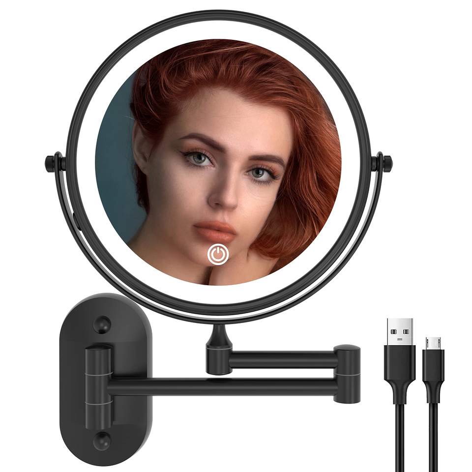 Stainless Steel Double Sided Round Vanity Mirror Rechargeable 10X Magnifying Makeup Mirror With Led Light