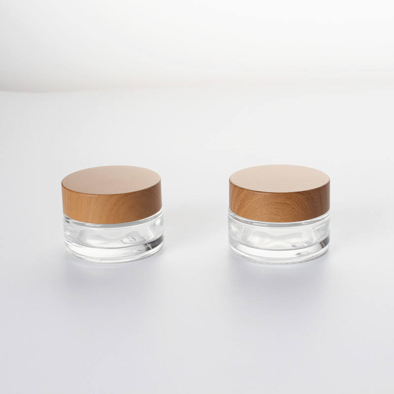 Professional Cosmetic Packaging Product Refillable Transparent Glass Square Bottom Round Wood Grain Cream Jar