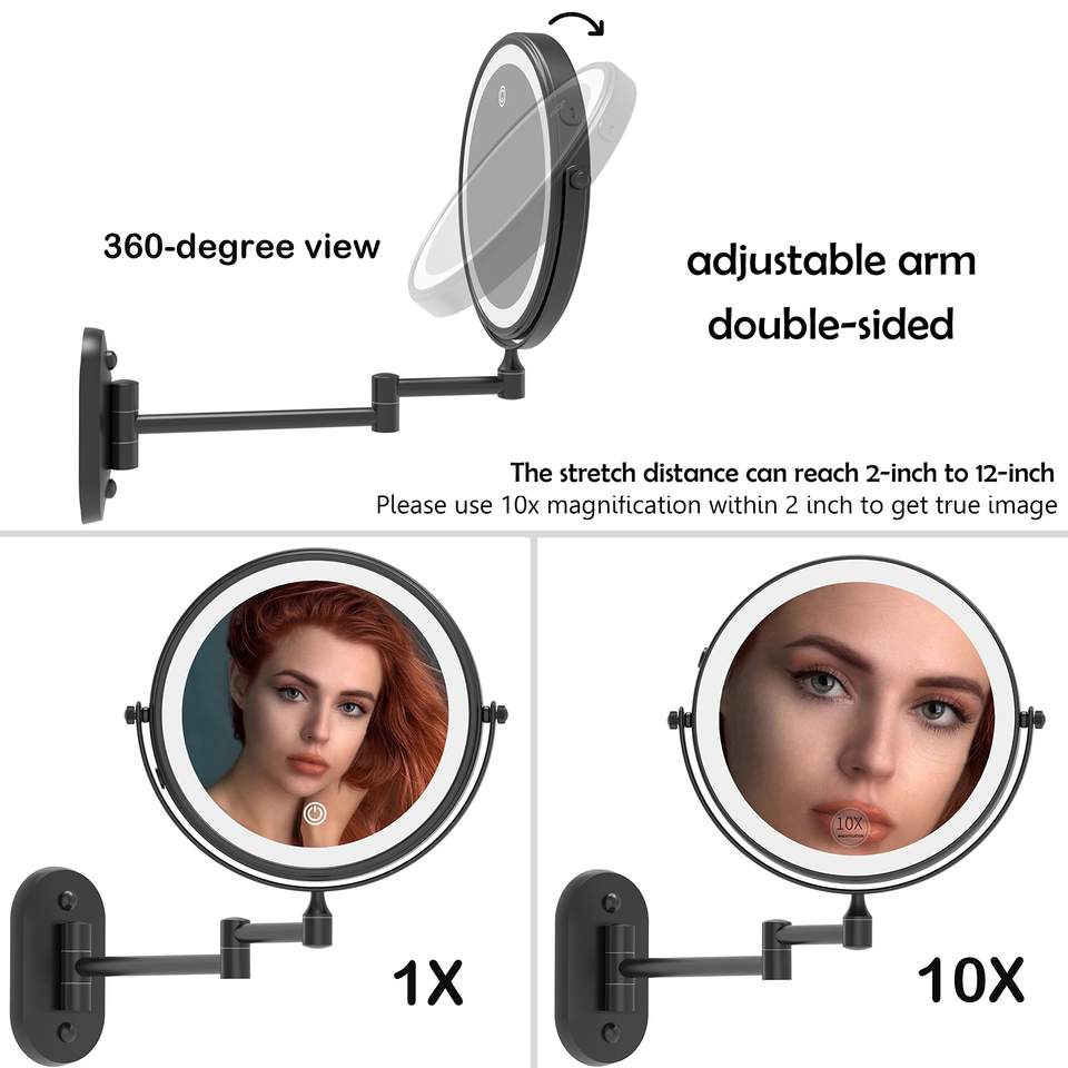 Stainless Steel Double Sided Round Vanity Mirror Rechargeable 10X Magnifying Makeup Mirror With Led Light