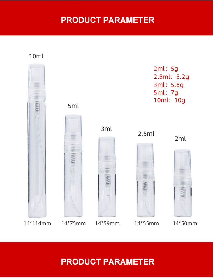 Press Type Sub Packing Sample Test Pack Plastic Sprayed Glass 2ml 3ml 5ml 10ml Perfume Spray Bottles