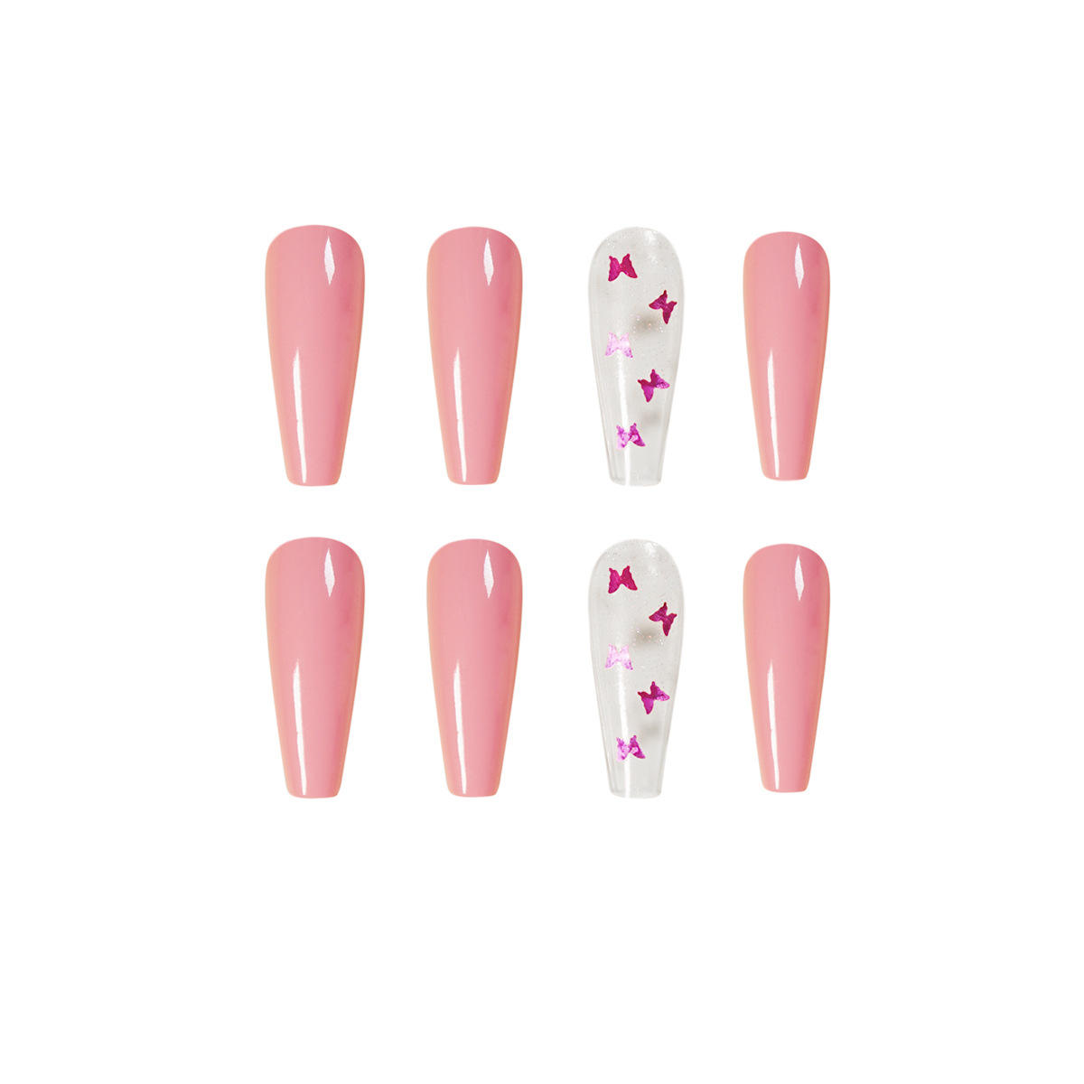 24 Pcs Plain Pink Transparent Fake Nails Butterfly Print Coffin Shape Press On Nails