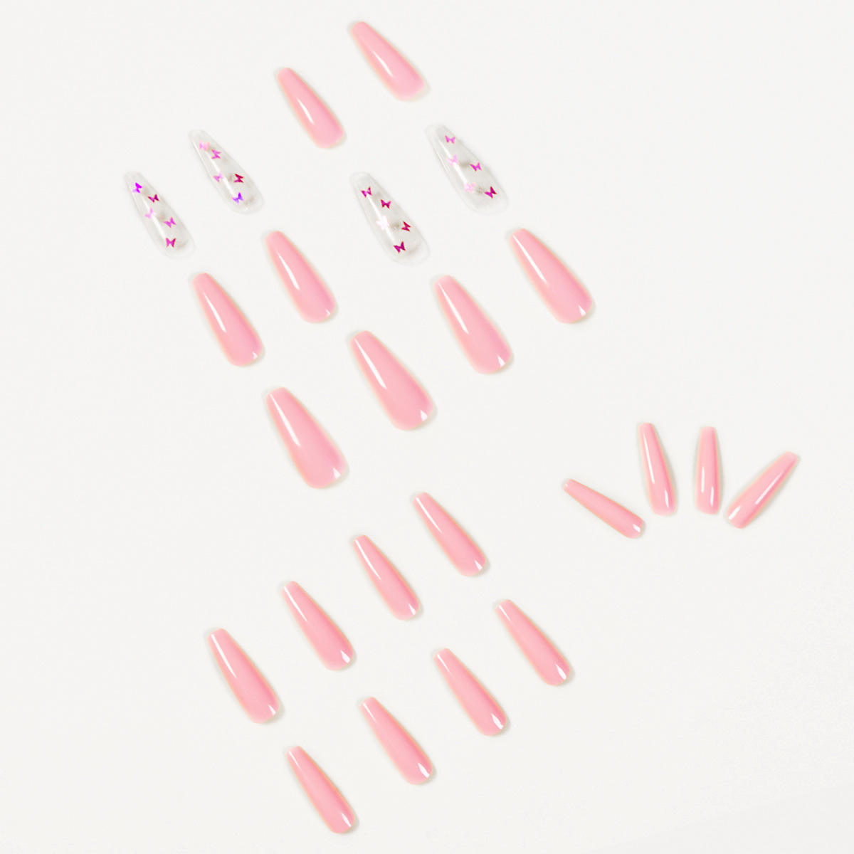 24 Pcs Plain Pink Transparent Fake Nails Butterfly Print Coffin Shape Press On Nails