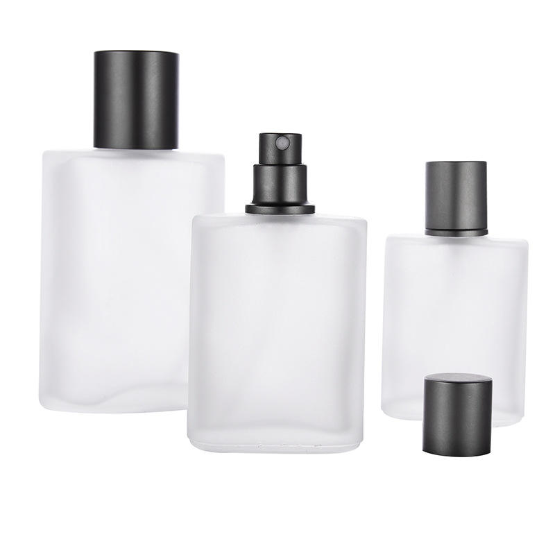 Luxury Recyclable 30ml 50ml 100ml Refillable Flat Square Frosted Glass Perfume Bottle With Pump Spray Cap