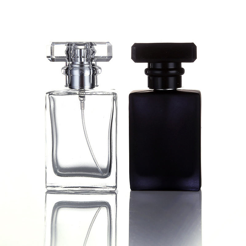 30ml Clear Frosted Black Refillable Flat Square Empty Glass Bottle Rectangular Perfumes Bottle With Cap