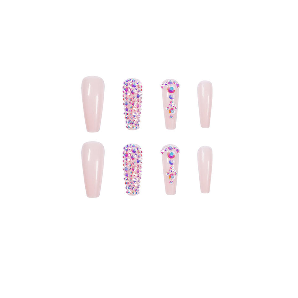 Diamond Nude Ballerina Coffin False Tips Luxury Bling Press on Nails With Rhinestones