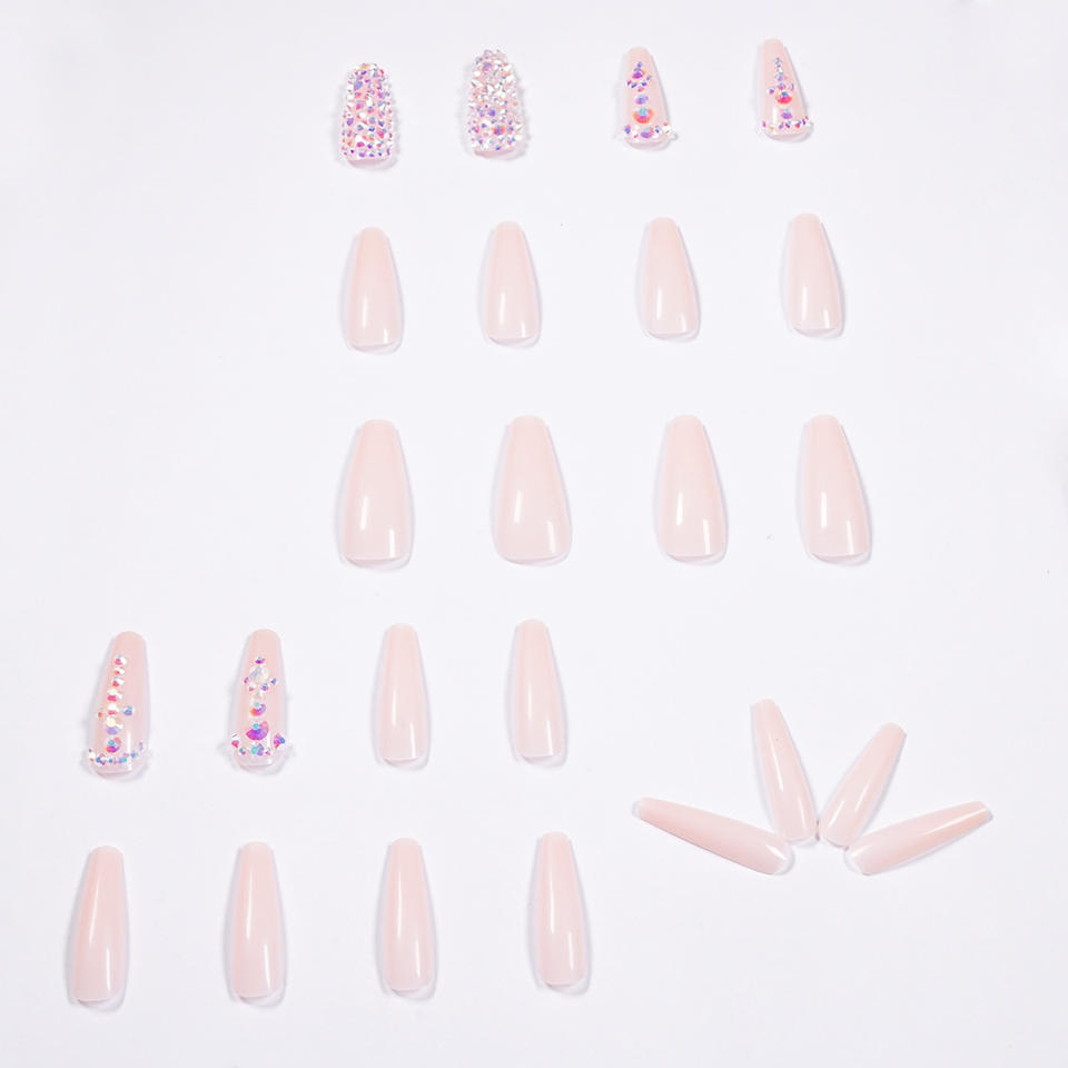 Diamond Nude Ballerina Coffin False Tips Luxury Bling Press on Nails With Rhinestones