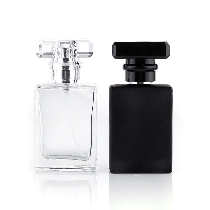 30ml Clear Frosted Black Refillable Flat Square Empty Glass Bottle Rectangular Perfumes Bottle With Cap