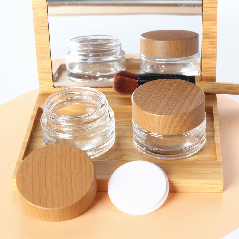 Professional Cosmetic Packaging Product Refillable Transparent Glass Square Bottom Round Wood Grain Cream Jar