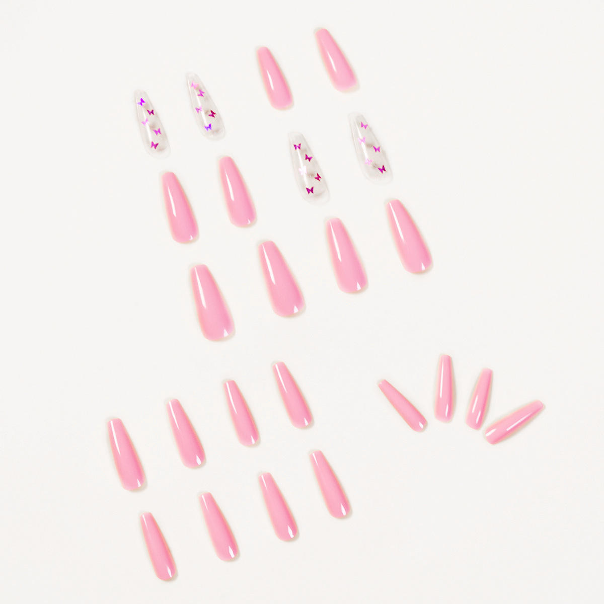 24 Pcs Plain Pink Transparent Fake Nails Butterfly Print Coffin Shape Press On Nails