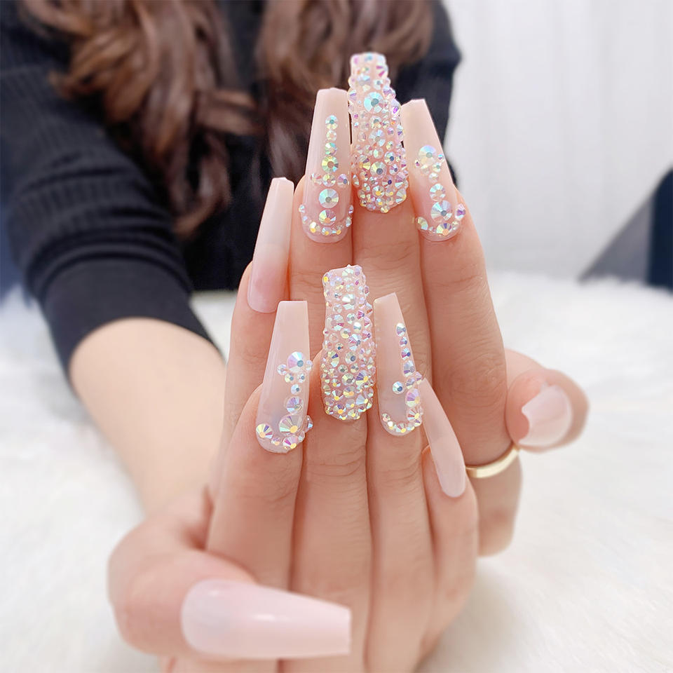 Diamond Nude Ballerina Coffin False Tips Luxury Bling Press on Nails With Rhinestones