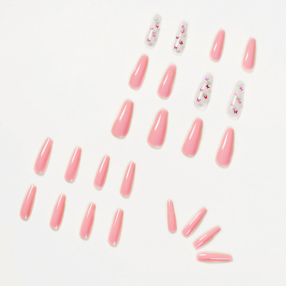 24 Pcs Plain Pink Transparent Fake Nails Butterfly Print Coffin Shape Press On Nails