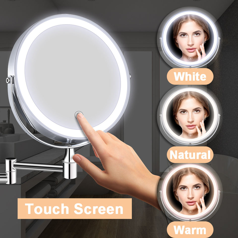 Stainless Steel Double Sided Round Vanity Mirror Rechargeable 10X Magnifying Makeup Mirror With Led Light