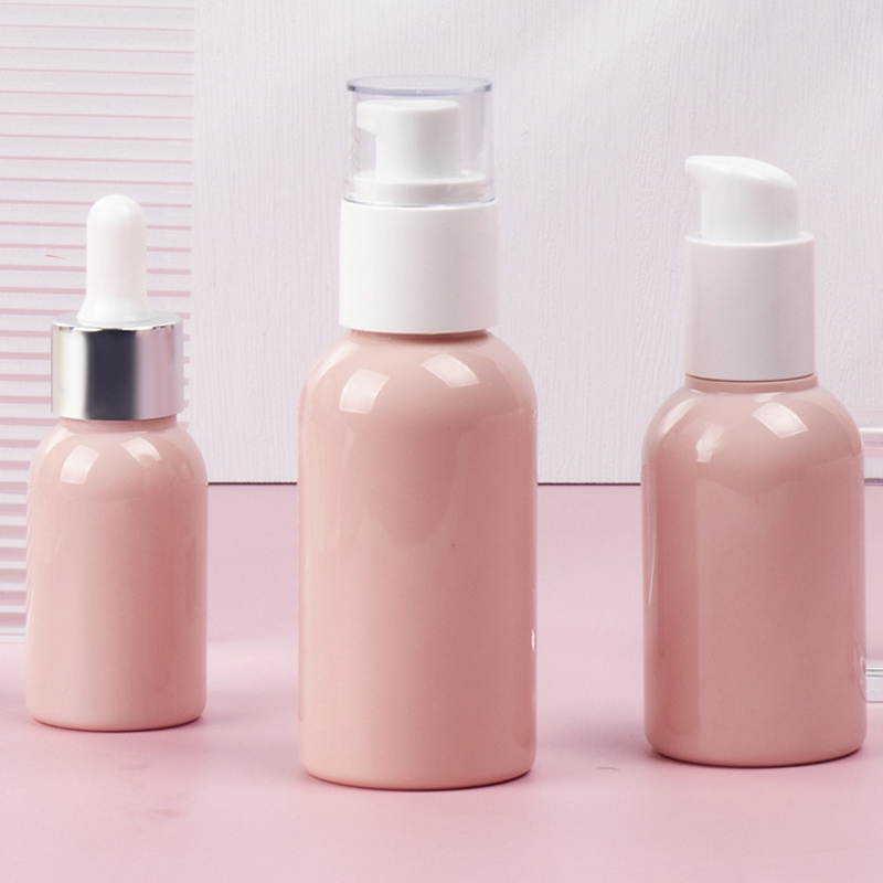 30ml 50ml 80ml PET Rotatable Essence Cream Pump Lotion Bottle Pink Color Custom Skin Care Serum Bottle Set