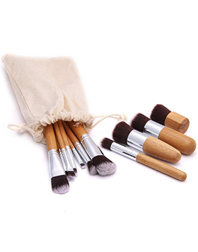 Foundation Blending Cosmetic Make Up Tool Set 11pcs Natural Bamboo Handle Makeup Brushes Set With Cotton Bag