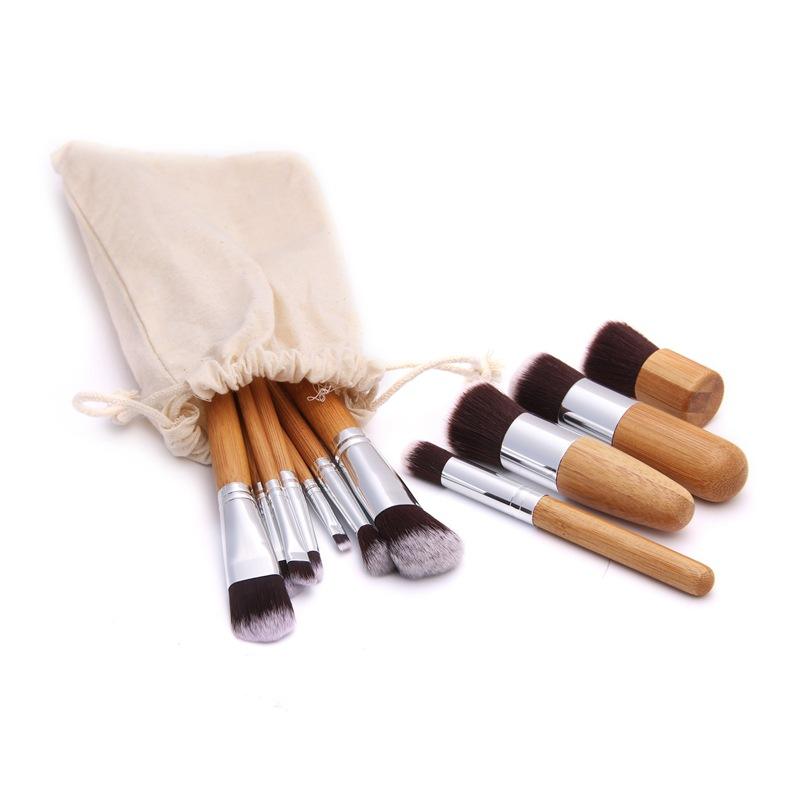 Foundation Blending Cosmetic Make Up Tool Set 11pcs Natural Bamboo Handle Makeup Brushes Set With Cotton Bag