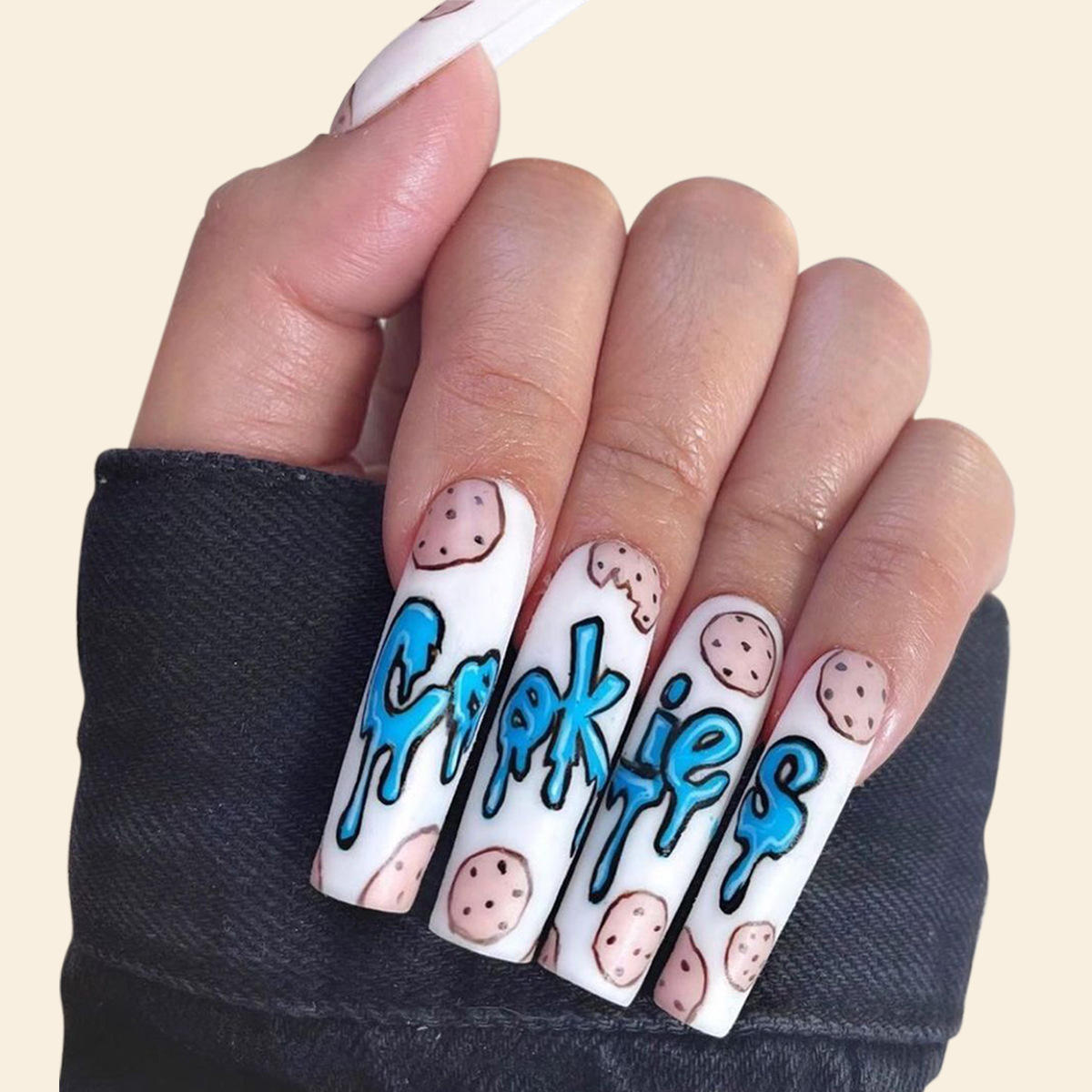 White Background Color Cookies Pattern Press On Nails Long Coffin Cartoon False Nails