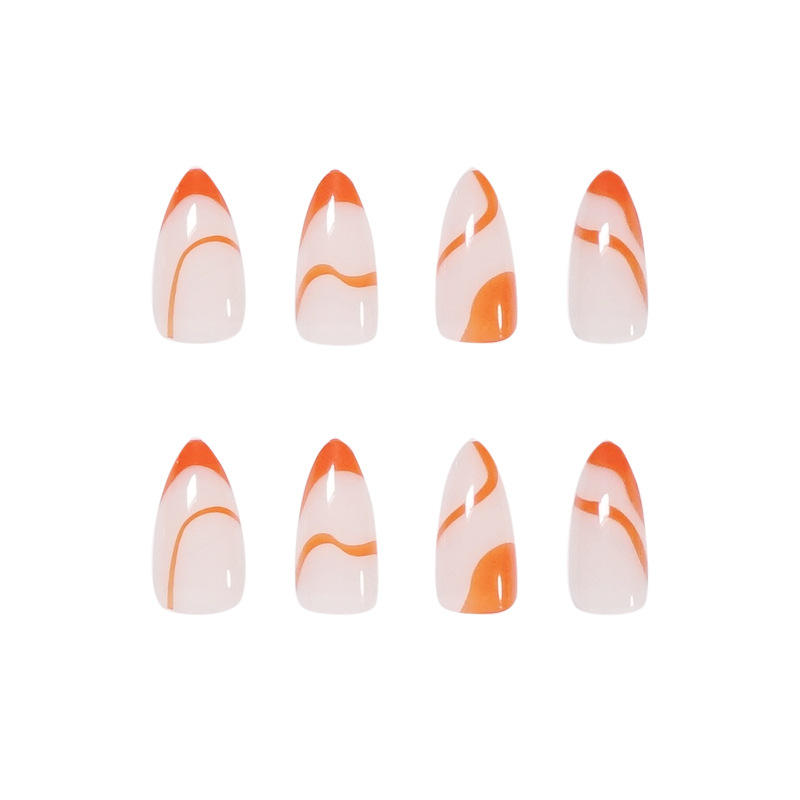 Minimalist Press On Nails Short Almond Women Orange Lines Fake Artificial Nails