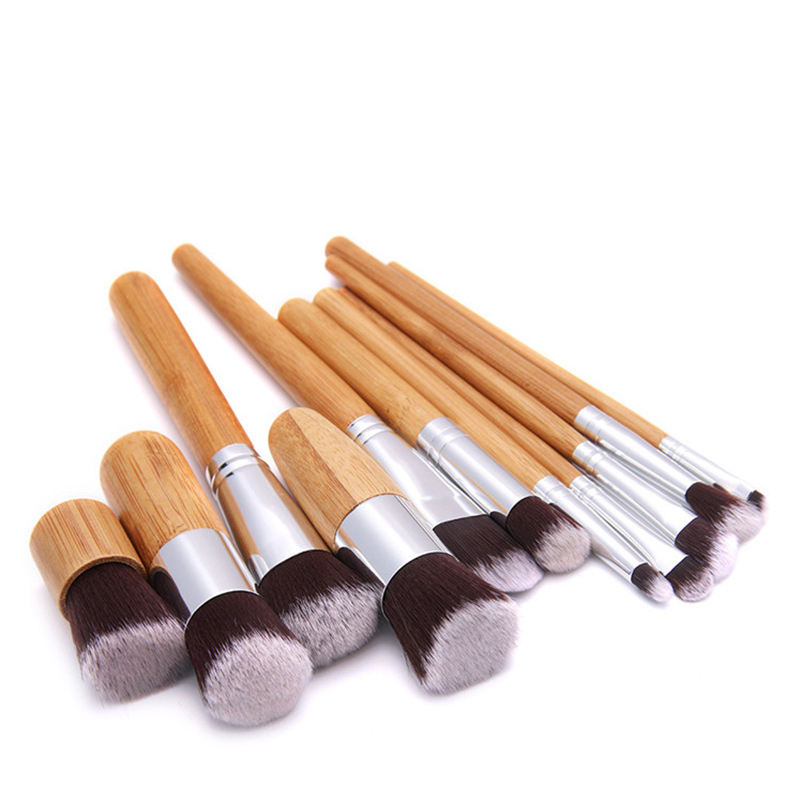 Foundation Blending Cosmetic Make Up Tool Set 11pcs Natural Bamboo Handle Makeup Brushes Set With Cotton Bag