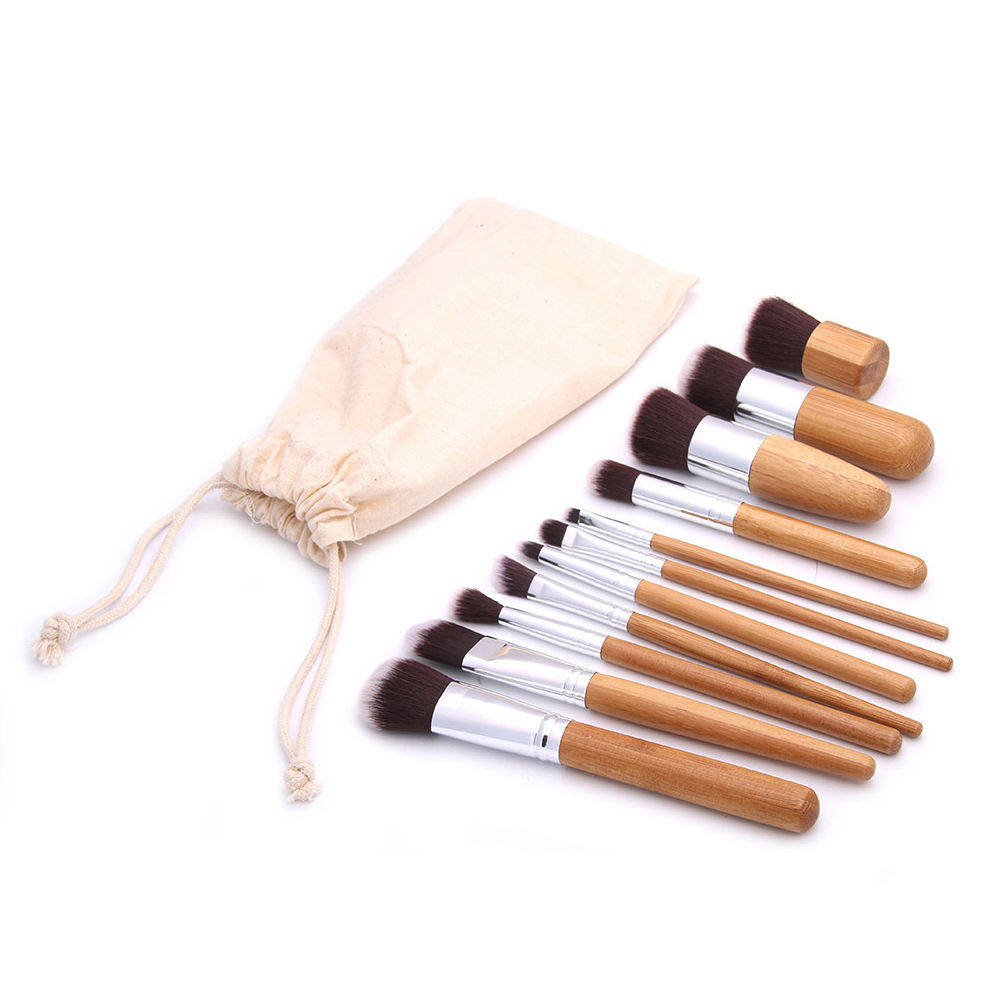 Foundation Blending Cosmetic Make Up Tool Set 11pcs Natural Bamboo Handle Makeup Brushes Set With Cotton Bag