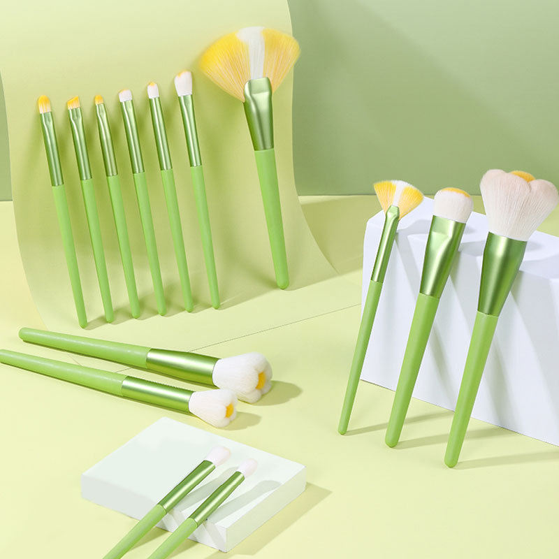 Custom Logo Beauty Foundation Blush Eye Shadow Makeup Brush Set Private Label Green Flower 14pcs Makeup Brushes